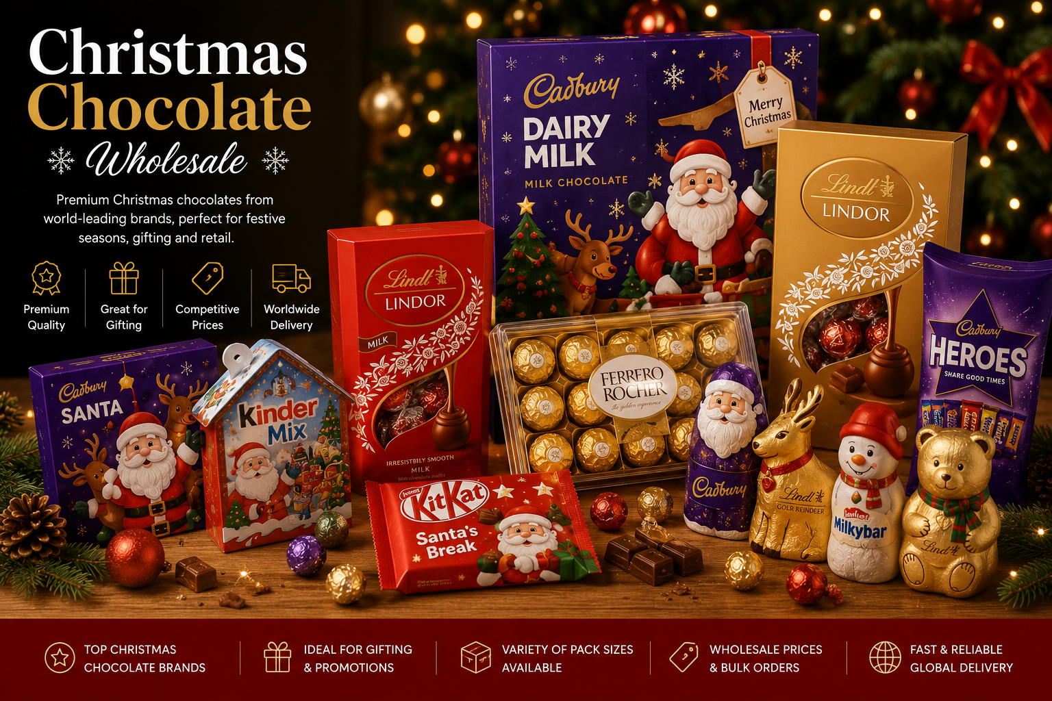 Christmas chocolate wholesale — premium festive chocolates from leading brands for gifting, retail and worldwide delivery